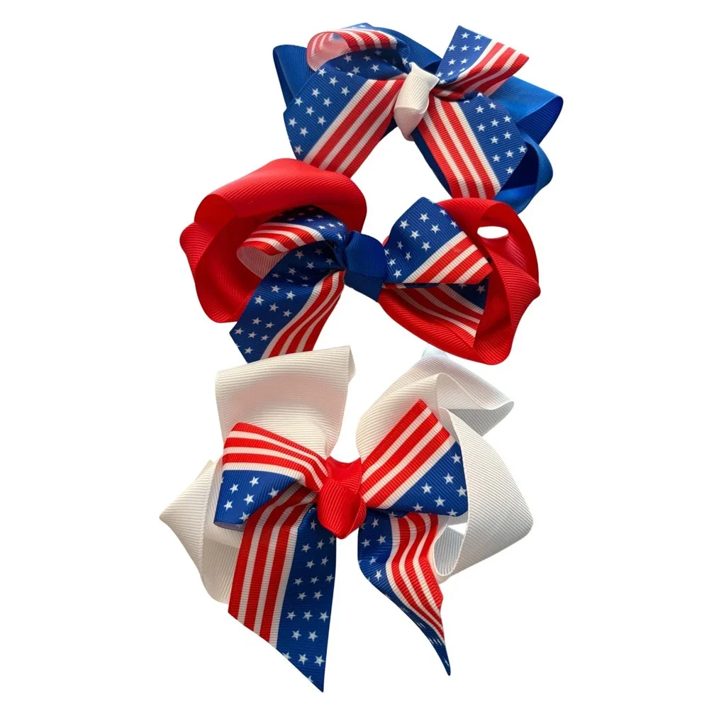 Patriotic Hair Bow Set 3pc Red White Blue American Flag July 4th Grosgrain Bows
